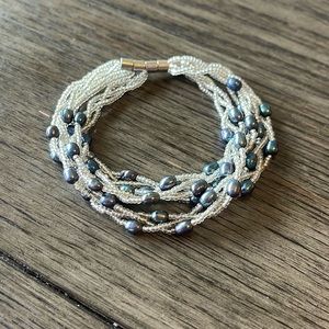 Unique silver bead and faux dark pearl bracelet - like new condition